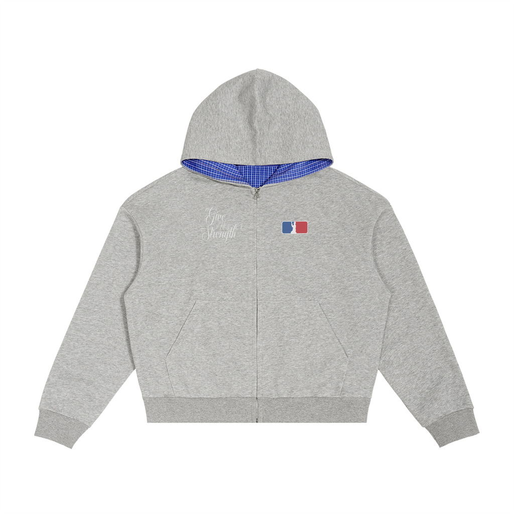 Contrast Plaid Boxy Zip Hoodie