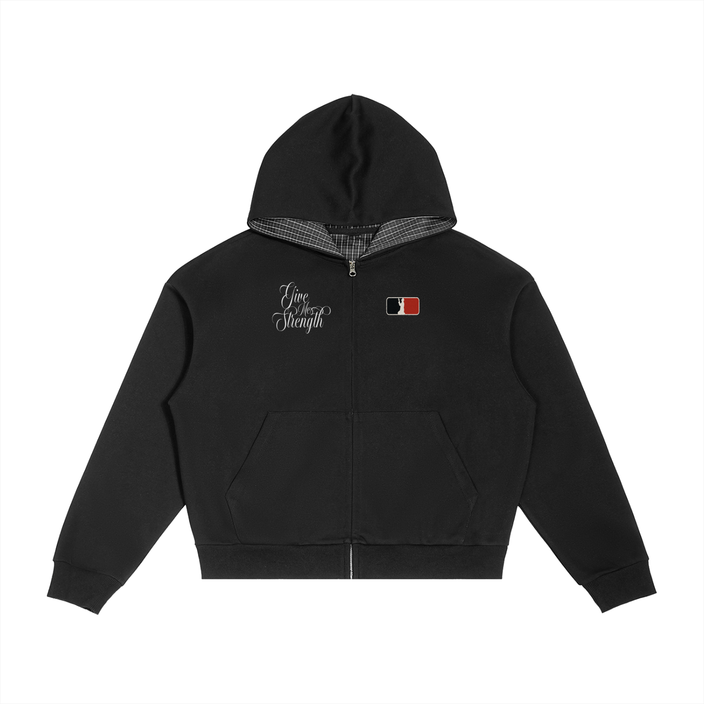 Contrast Plaid Boxy Zip Hoodie